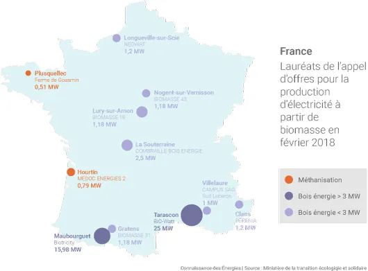 Carte des lauréats de la 2e tranche de l’appel d’offres sur les installations de production d’électricité à partir de biomasse. 