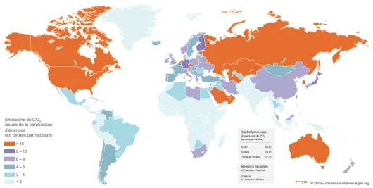 Carte des émissions de gaz à effet de serre issues de la combustion d'énergie par habitant
