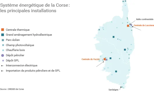 Carte des principales installations énergétiques en Corse. (©Connaissance des Énergies, d'après OREGES)