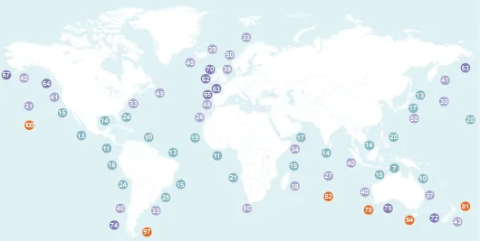 Carte du potentiel houlomoteur indiquant la puissance moyenne en kW / mètre linéaire de front de vague ﻿(©2012, d'après carte de Carnegie Wave Energy)