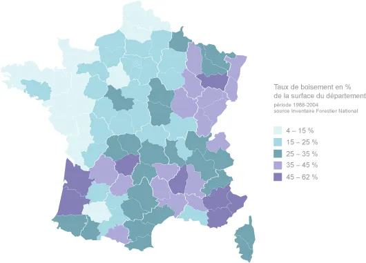 Taux de boisement par département ﻿(©CDE)