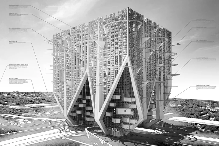2e prix. « Car and Shell : or Marinetti’s Monster » de Mark Talbot et Daniel Markiewicz (États-Unis) : une cité-cube avec des rues, des aires de loisir et des espaces verts imaginée au sein d’un seul immeuble dans le ciel de Détroit