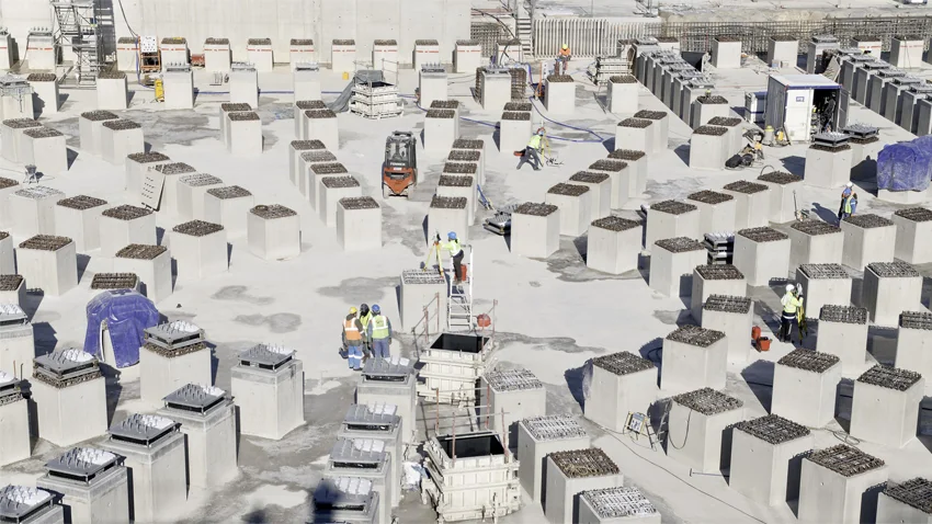 Hautes de 1,7 m, les 493 colonnes aux patins parasismiques sont disposées en étoile et dessinent l’emplacement futur du tokamak. (Photo : ITER Organization)