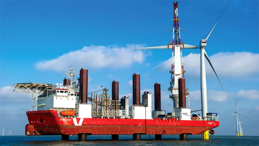 Quatre navires ont été utilisés pour construire le parc éolien de London Array. Trois d’entre eux disposent d’un système permettant d’élever leur pont pour installer les éoliennes. (photo : ©London Array)