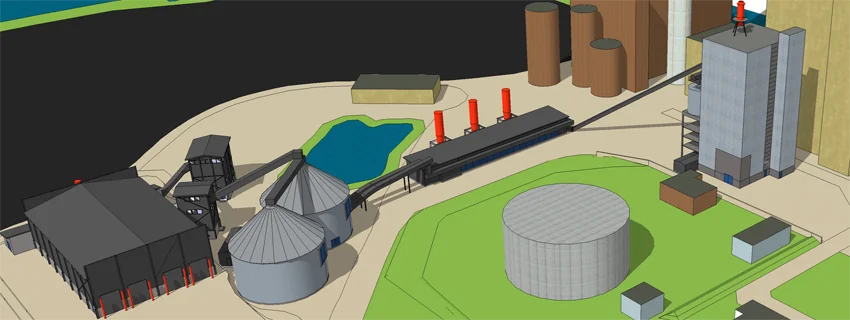 Les infrastructures ci-dessus sont uniquement dédiées à la gazéification. Elles acheminent le biogaz vers une chaudière commune avec la centrale à charbon déjà existante où le combustible est mélangé.  (©DR)