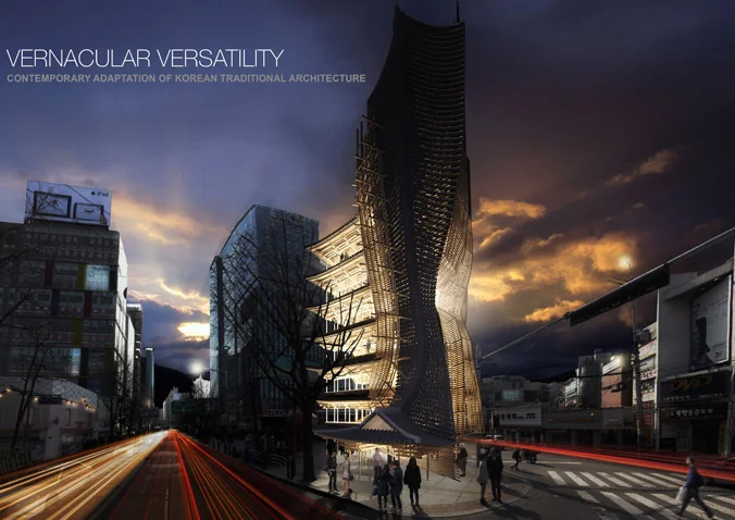 1er prix. « Vernacular Versality » de Yong Ju Lee (États-Unis) : une réinterprétation de l’habitat traditionnel coréen en bois (le Hanok). La structure incurvée du bâtiment et du toit est conçue de façon à optimiser l’ensoleillement intérieur.