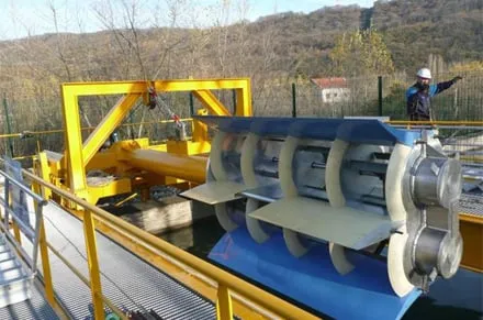 Visuel du prototype d’hydrolienne fluviale actuellement testée par Hydroquest. La PME grenobloise souhaite également s’orienter vers le des modèles marins, plus puissants,  et testera l’an prochain une hydrolienne estuarienne. (©Hydroquest)