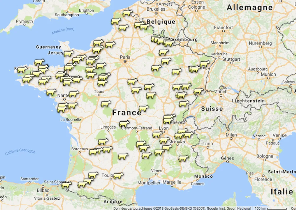 Carte de France des installations de méthanisation agricole en activité fin 2017
