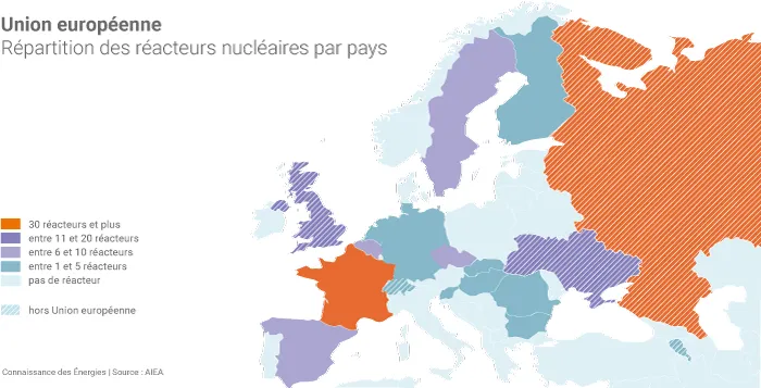 Répartition des réacteurs nucléaires dans l'UE au 5 janvier 2022.