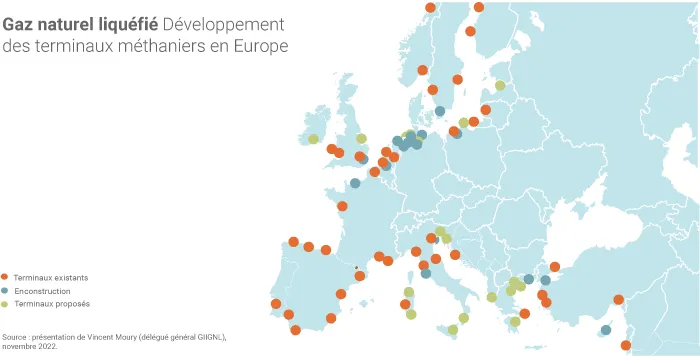 Carte des terminaux méthaniers en Europe