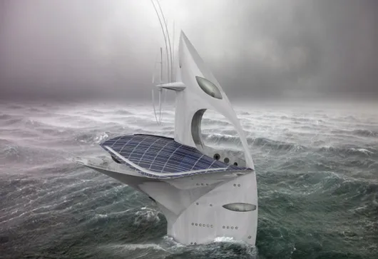 Des tests en bassin ont déjà été effectués en Norvège au Marintek sur une réplique en petites dimensions de SeaOrbiter. Le disque stabilisateur et la quille ont pu être mis à l'épreuve afin que le vaisseau résiste aux conditions marines extrêmes. (©SeaOrbiter/Jacques Rougerie)